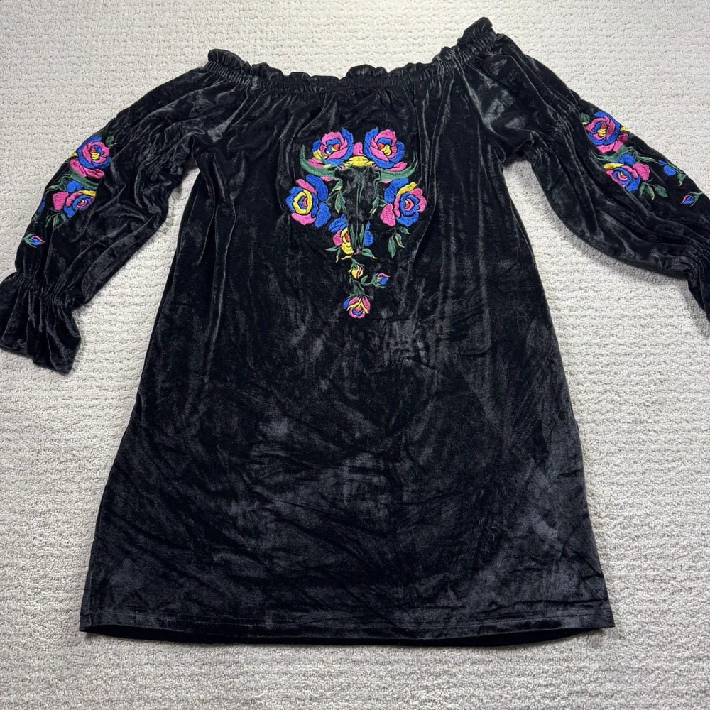 Merigold Kiss - Velvet Embroidered - Tunic Dress - Med- Off Shoulder Boho - NWT